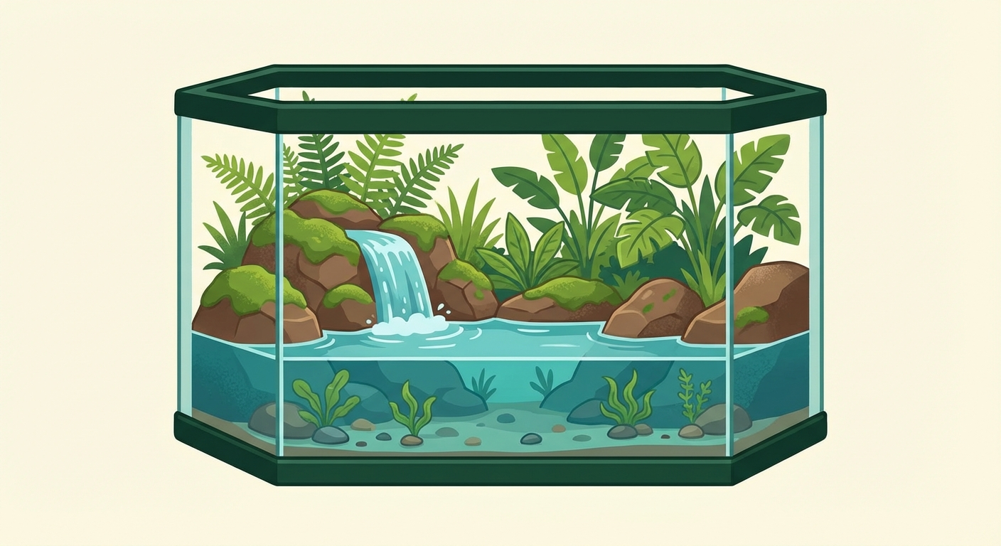 Illustration of a paludarium with waterfalls and land